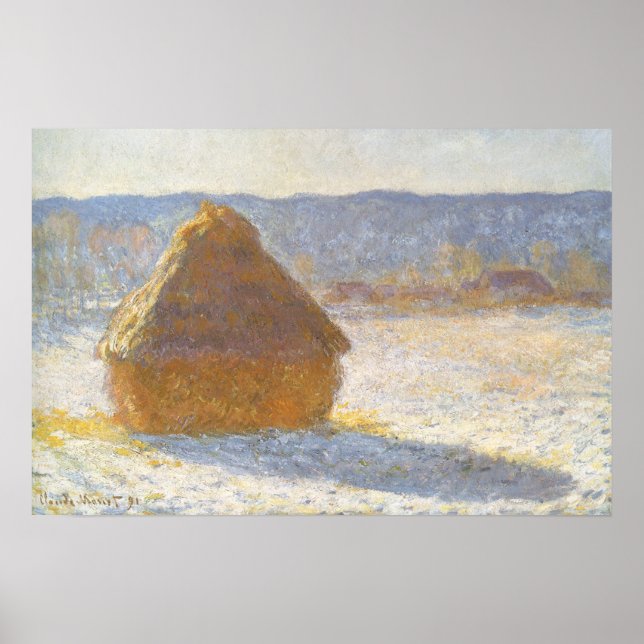 Kornstapel am Morgen, Schneeeffekt von Claude Mone Poster (Vorne)