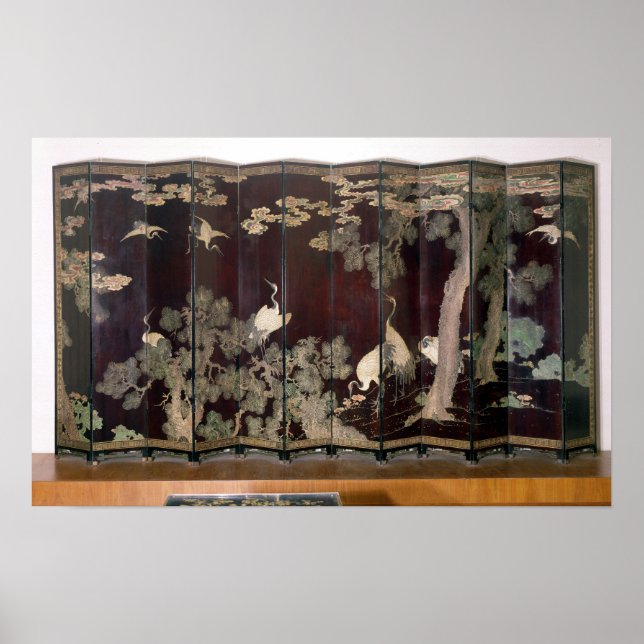 Koromandel-Bildschirm mit Kranen Poster (Vorne)