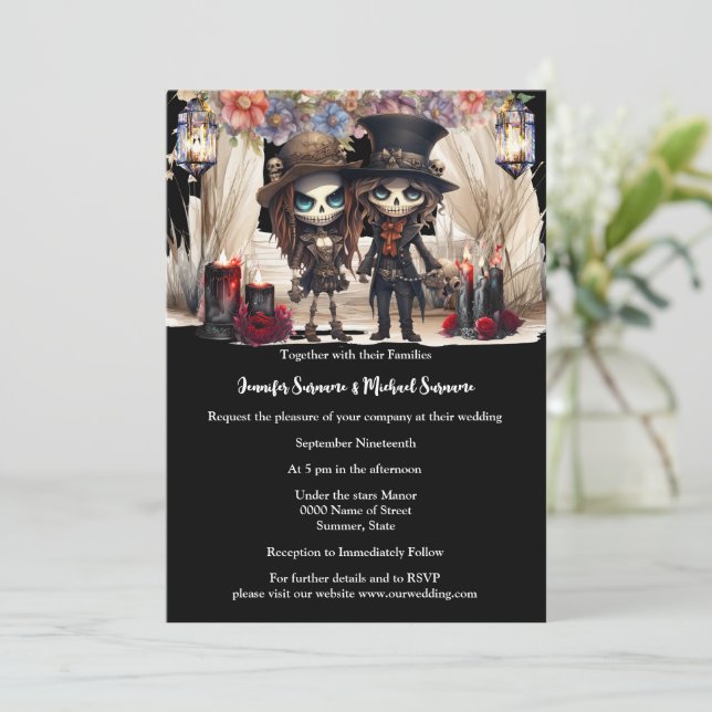 Korpse Braut Skelett Ehepaar Hochzeitschic Einladung (Stehend Vorderseite)