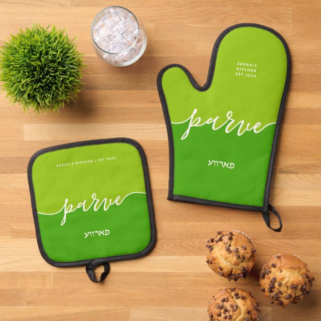 Kosher Kitchen Script Parve mit Hebräisch Green Ofenhandschuh & Topflappen-Set (Oben Unten)