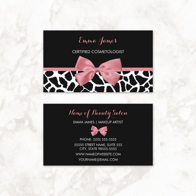 Kosmetologe Trendy Giraffe Print Rosy Pink Bow Visitenkarte (Cosmetologist Trendy Giraffe Print Rosy Pink Bow Business Cards)