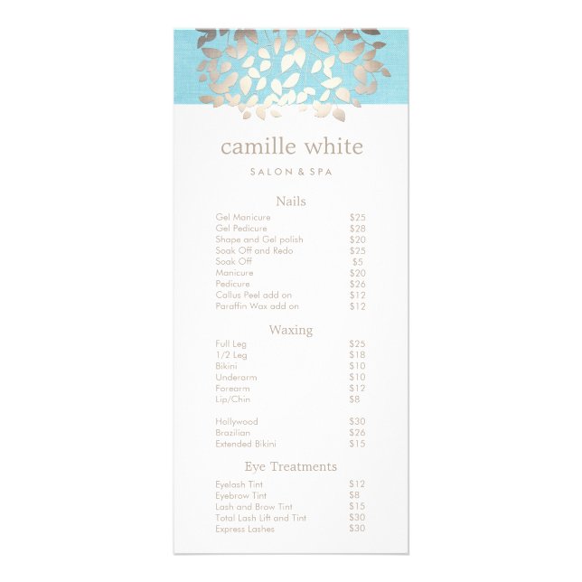 Kosmetologie Silber Blätter Salon Price List Menü  (Vorne)