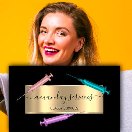 Kosmetologin Spritze Botox B12 QRCode Black Gold Visitenkarte