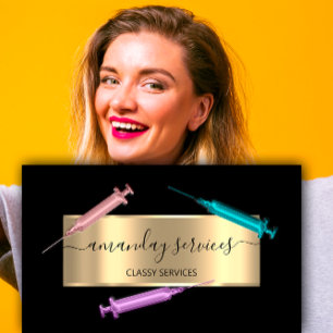 Kosmetologin Spritze Botox B12 QRCode Black Gold Visitenkarte