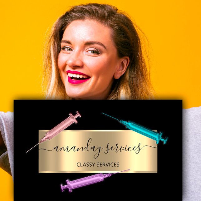 Kosmetologin Spritze Botox B12 QRCode Black Gold Visitenkarte (Cosmetologist Syringe Botox B12 QRCode Black Gold Business Card)