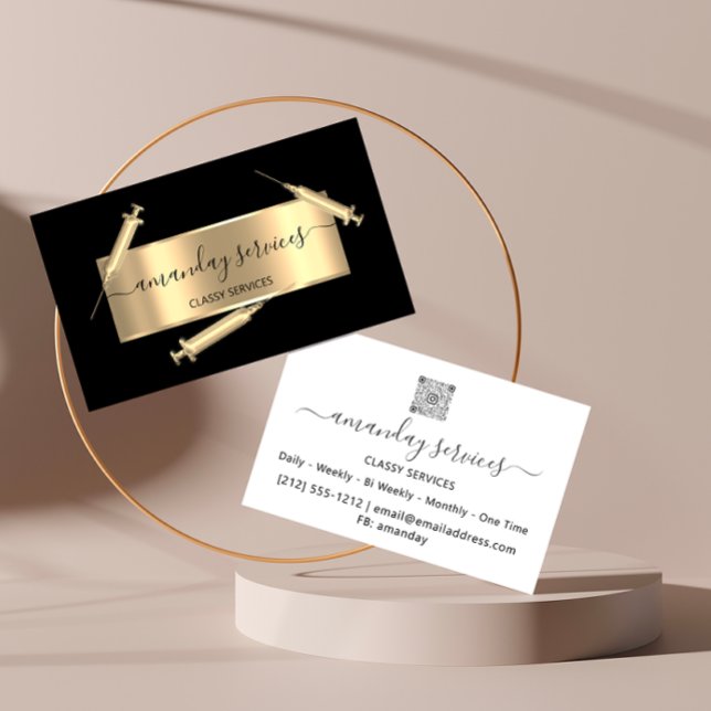 Kosmetologin Spritze Botox B12 QRCode Black Visitenkarte (Cosmetologist Syringe Botox B12 QRCode Black Business Card)