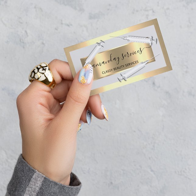 Kosmetologin Spritze Botox B12 QRCode Gray Gold Visitenkarte (Cosmetologist Syringe Botox B12 QRCode Gray Gold Business Card)