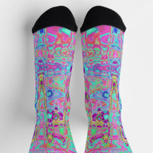 Kosmisch Abstrakt Aqua und Hot Pink Retro Wellen Socken