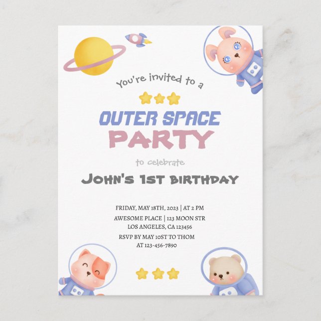 Kosmische Abenteuer: Outer Space Party Postkarte (Vorderseite)