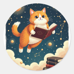 Kosmische Bücherwurm-Katzen-Weltraum-Lesesticker-T Runder Aufkleber