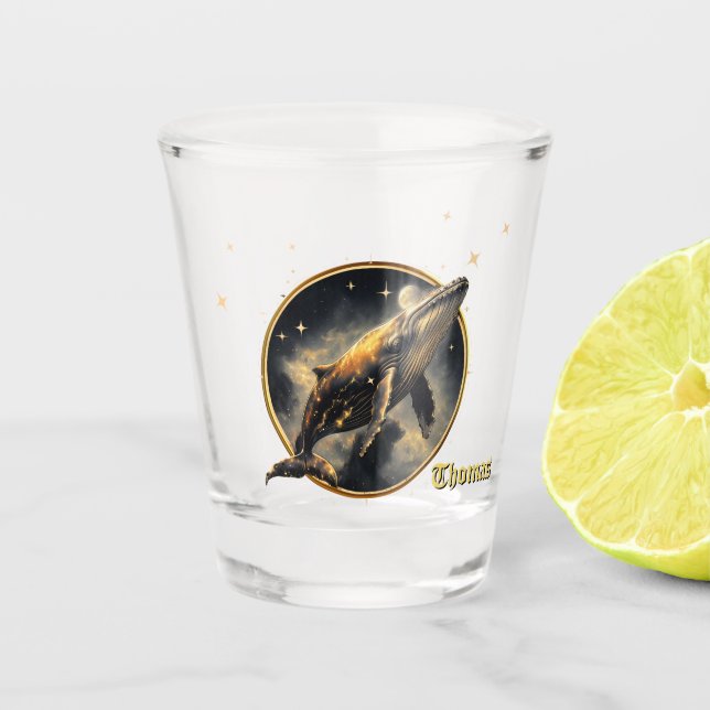 Kosmische Eleganz, der goldene, schwarze Wal Schnapsglas (Vorderseite)