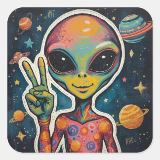 Kosmische Friedensschwingungen: Funky Alien-Aufkle Quadratischer Aufkleber