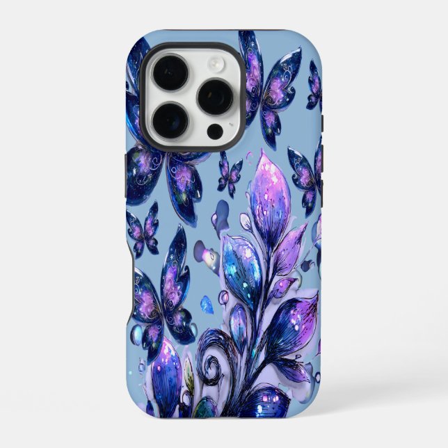 Kosmische Funken Schmetterlinge Blau iPhone 16 Pro Hülle (Rückseite)