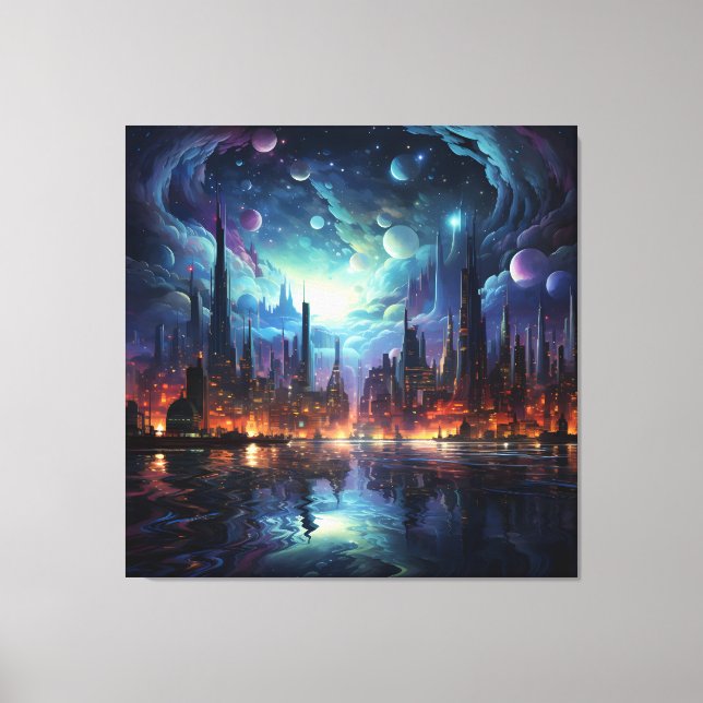 Kosmische Futuristische Metropole Wolkenkratzer Leinwanddruck (Vorderseite)