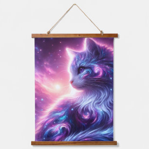 Kosmische Galaxie Mystische Feline Himmels Wandteppich Mit Holzrahmen