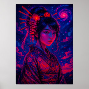 Kosmische Geisha mit Galaxy Sky Fantasy Japanisch Poster