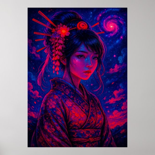 Kosmische Geisha mit Galaxy Sky Fantasy Japanisch Poster (Vorne)
