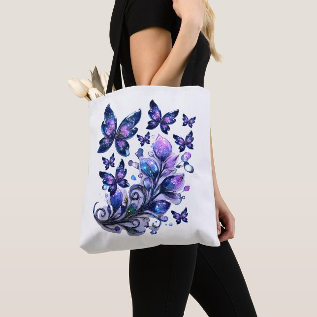 Kosmische Glitzer Schmetterlinge Weiß Tasche (Von Nahem)