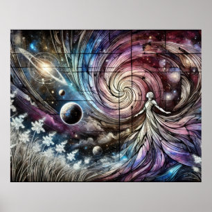 Kosmische Göttin mit wirbelnder Galaxie und Planet Poster