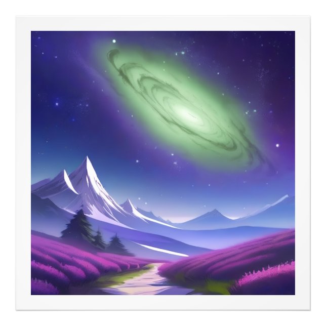 Kosmische Grüngalaxie über Lila Berglandschaft Fotodruck (Vorne)