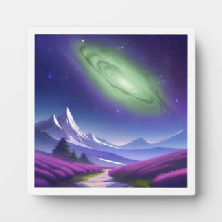 Kosmische Grüngalaxie über Lila Berglandschaft Fotoplatte
