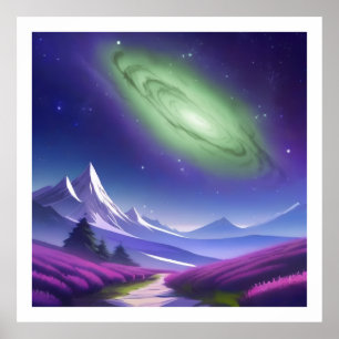 Kosmische Grüngalaxie über Lila Berglandschaft Poster
