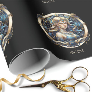Kosmische Jungfrau Zodiac Symbol Blue Gold Script Geschenkpapier