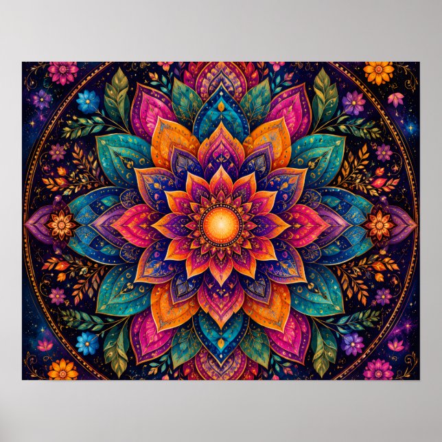 KOSMISCHE JUWELFARBENE FLORALE MANDALA-KUNST POSTER (Vorne)