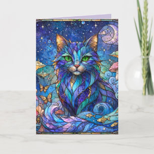 Kosmische Katze Buntglas Surreal Blau Grüne Augen Dankeskarte