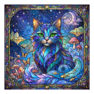 Kosmische Katze Buntglas Surreal Blau Grüne Augen Fotodruck