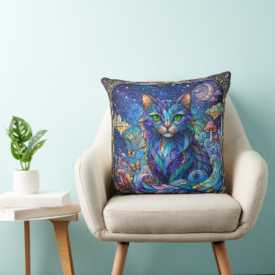 Kosmische Katze Buntglas Surreal Blau Grüne Augen Kissen