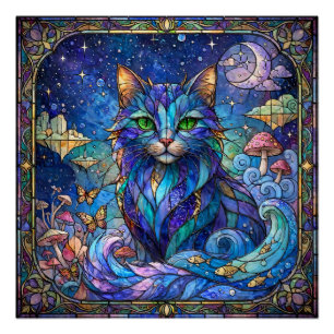 Kosmische Katze Buntglas Surreal Blau Grüne Augen Poster