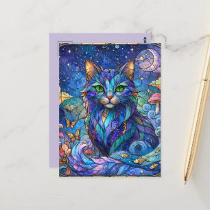 Kosmische Katze Buntglas Surreal Blau Grüne Augen Postkarte