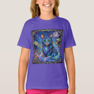 Kosmische Katze Buntglas Surreal Blau Grüne Augen T-Shirt