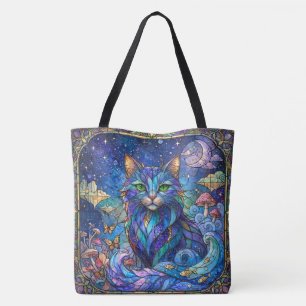Kosmische Katze Buntglas Surreal Blau Grüne Augen Tasche