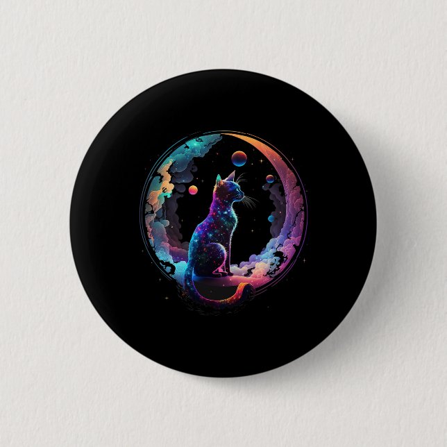 Kosmische Katze Cool farbiger Halbmond und Wolken Button (Vorderseite)