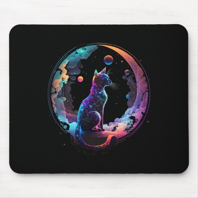 Kosmische Katze Cool farbiger Halbmond und Wolken Mousepad (Vorne)