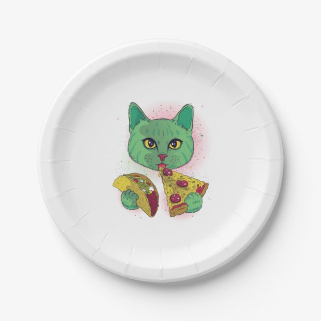 Kosmische Katze, die Pizza und Taco essen Pappteller (Vorderseite)