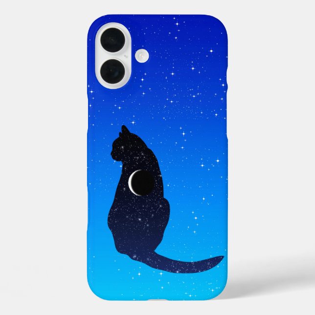 Kosmische Katze im Hintergrund eines Sternenhimmel iPhone 16 Plus Hülle (Rückseite)