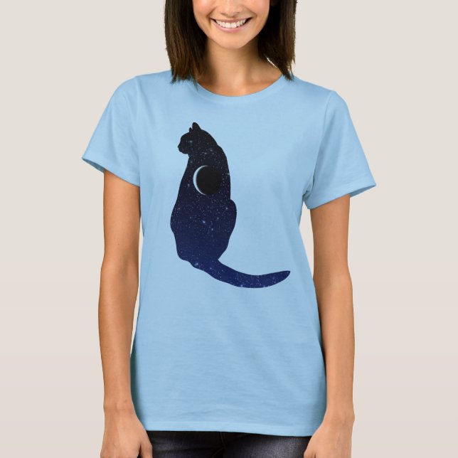 Kosmische Katze in Sternen und Mondmondmuster T-Shirt (Vorderseite)
