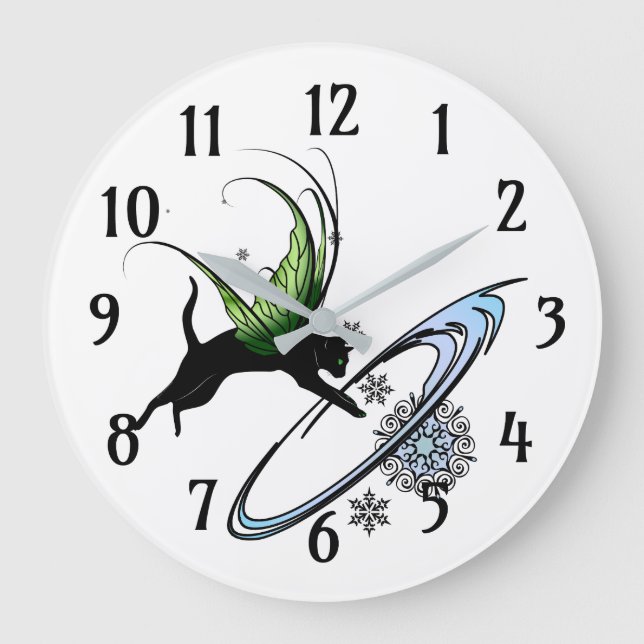Kosmische Katze Snowflake Große Wanduhr (Vorderseite)
