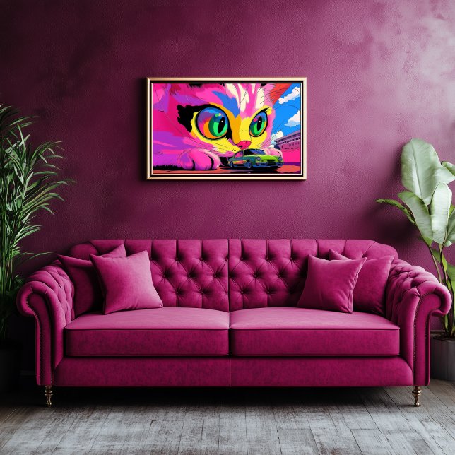 Kosmische Katze und winzige Autos Leinwanddruck (Ginormous Cat Playing with Car - Psychedelic Art)