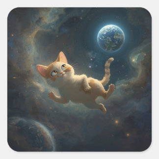 Kosmische Katzenabenteuer – Enchanting Space Paint Quadratischer Aufkleber
