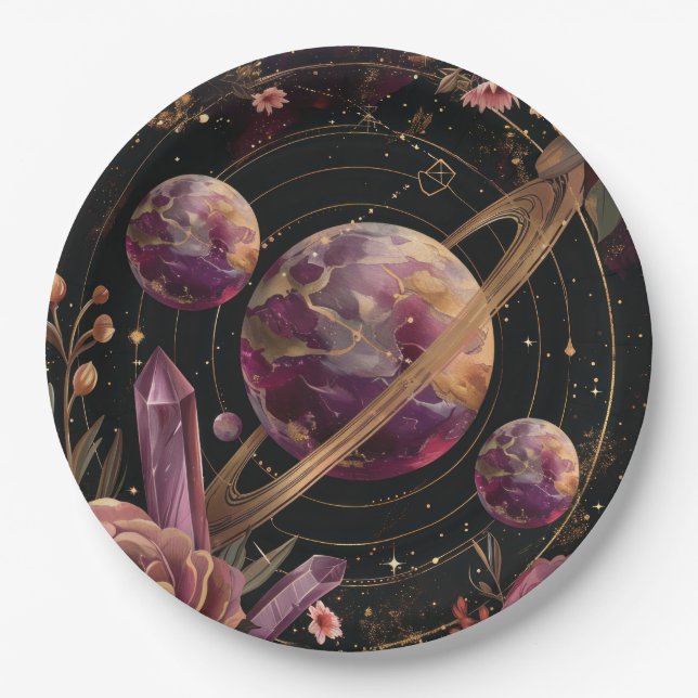 Kosmische Kristallberingte Planeten-Fantasy-Kunst Pappteller (Vorderseite)
