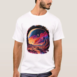 Kosmische Landschaft mit Planeten und Bergen T-Shirt