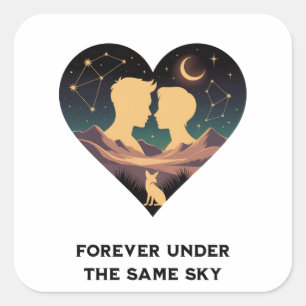Kosmische Liebe Geschichte Herz mit Liebe und Fox  Quadratischer Aufkleber