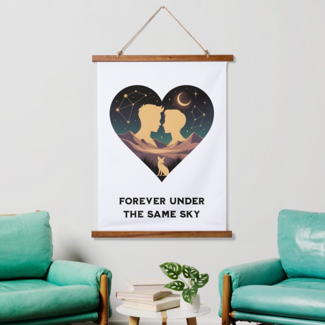 Kosmische Liebe Geschichte Herz mit Liebe und Fox  Wandteppich Mit Holzrahmen (Wohnzimmer)