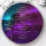 Kosmische Lila Aquamarine Silbermondsterne Hochzei Menükarte<br><div class="desc">Die kosmischen Lila Aquamarinen Silver Space Wedding Menu Cards zeichnen sich durch einfache silberne Sterne auf einem farbenprächtigen, mystischen lila, aquamarinen und blauen kosmischen Hintergrund aus. In der Mitte finden Sie Ihre Menüdetails in der modernen weißen Kalligraphie-Schrift. Personalisieren Sie den Text durch Bearbeiten in den bereitgestellten Textfeldern. Entwickelt für Sie...</div>