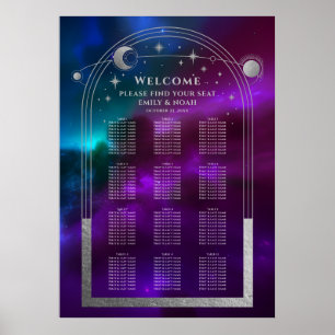 Kosmische Lila Aquamarine Silbermondsterne Hochzei Poster