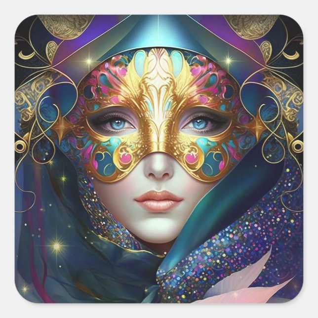 Kosmische Maskierte Göttin Königin Fantasy Kunst,  Quadratischer Aufkleber (Vorderseite)